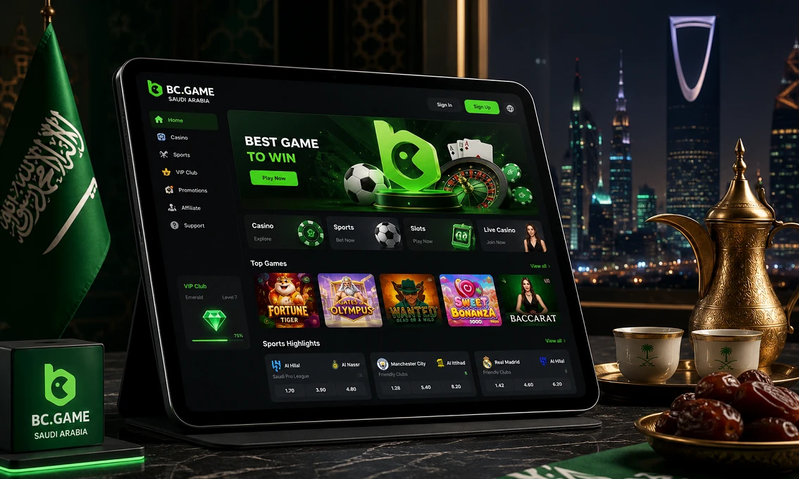 BC Game Saudi Arabia app on a tablet with Saudi-themed items
